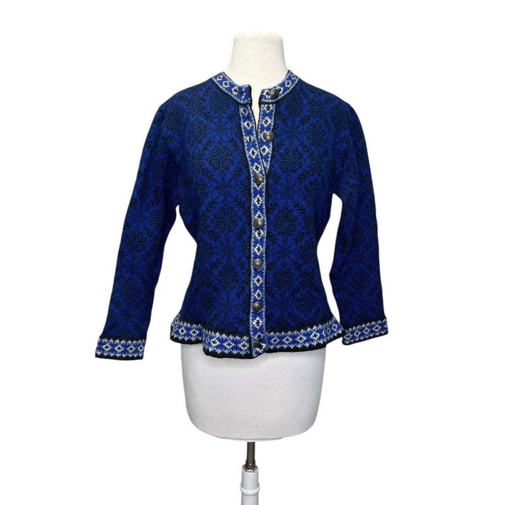LL Bean Womens Nordic Fair Isle‎ Cardigan Sweater Blue Black Snowflake Merino